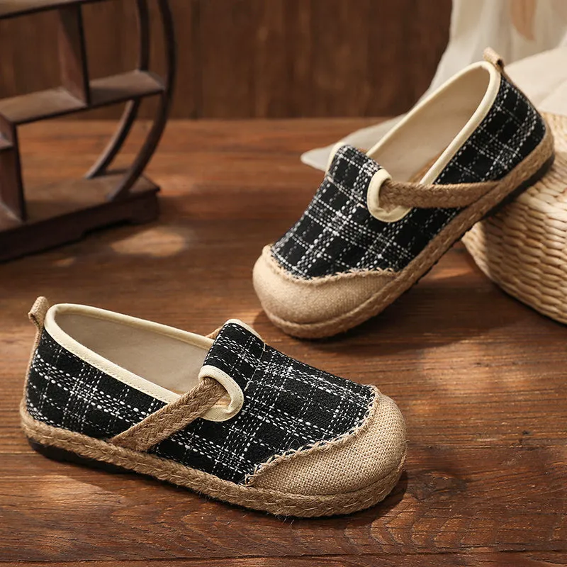 Plaid Dotted Line Linen Round Toe Espadrilles Loafers - Cactus Rose