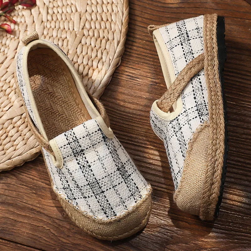 Plaid Dotted Line Linen Round Toe Espadrilles Loafers - Cactus Rose