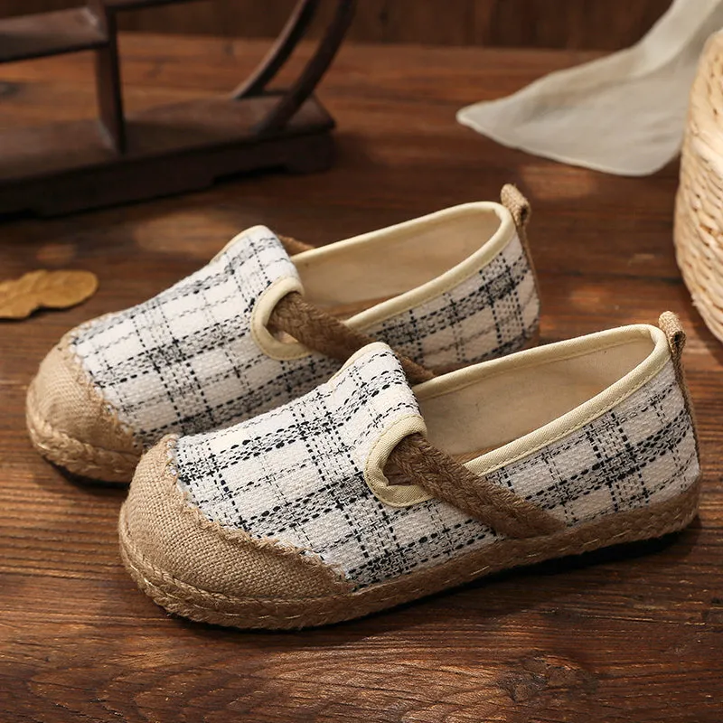 Plaid Dotted Line Linen Round Toe Espadrilles Loafers - Cactus Rose
