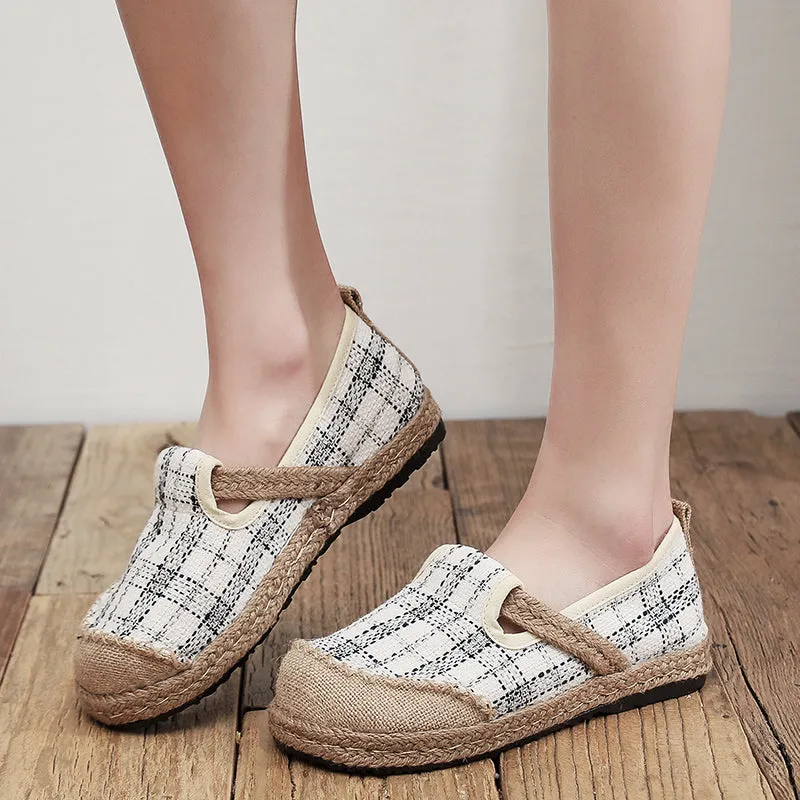 Plaid Dotted Line Linen Round Toe Espadrilles Loafers - Cactus Rose