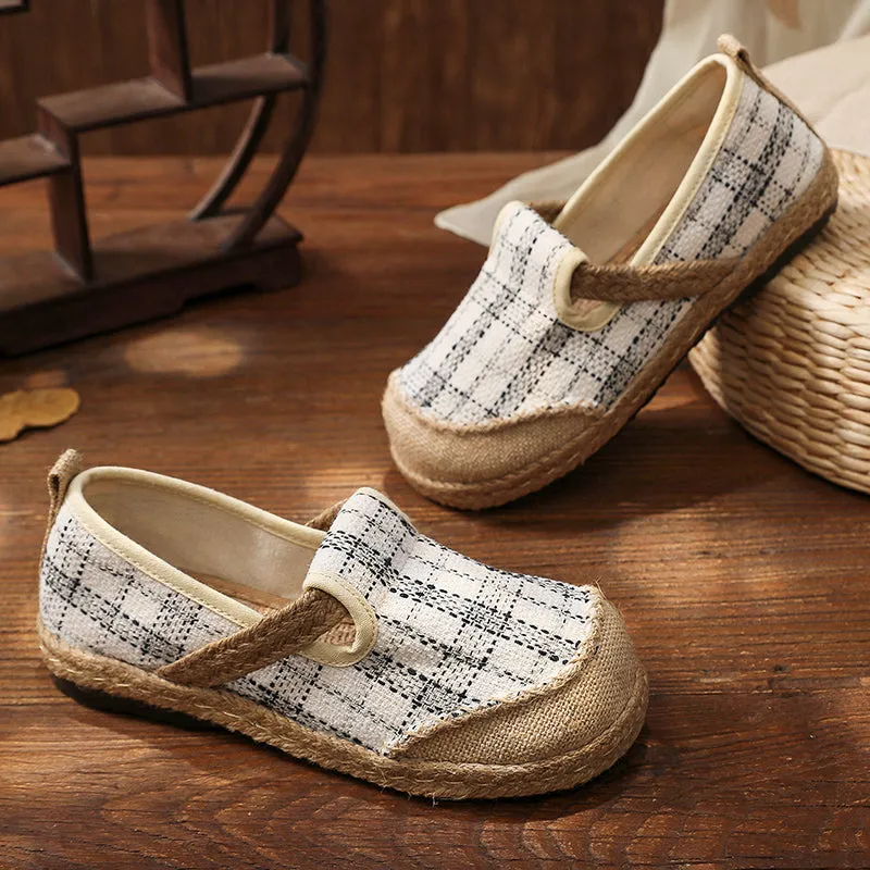 Plaid Dotted Line Linen Round Toe Espadrilles Loafers - Cactus Rose