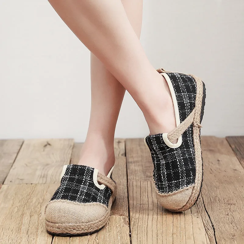 Plaid Dotted Line Linen Round Toe Espadrilles Loafers - Cactus Rose
