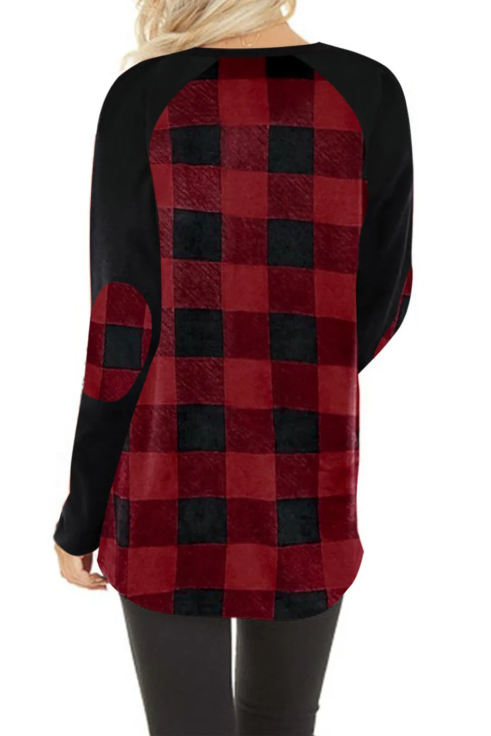 Plaid Long Sleeve Top with Elbow Patch