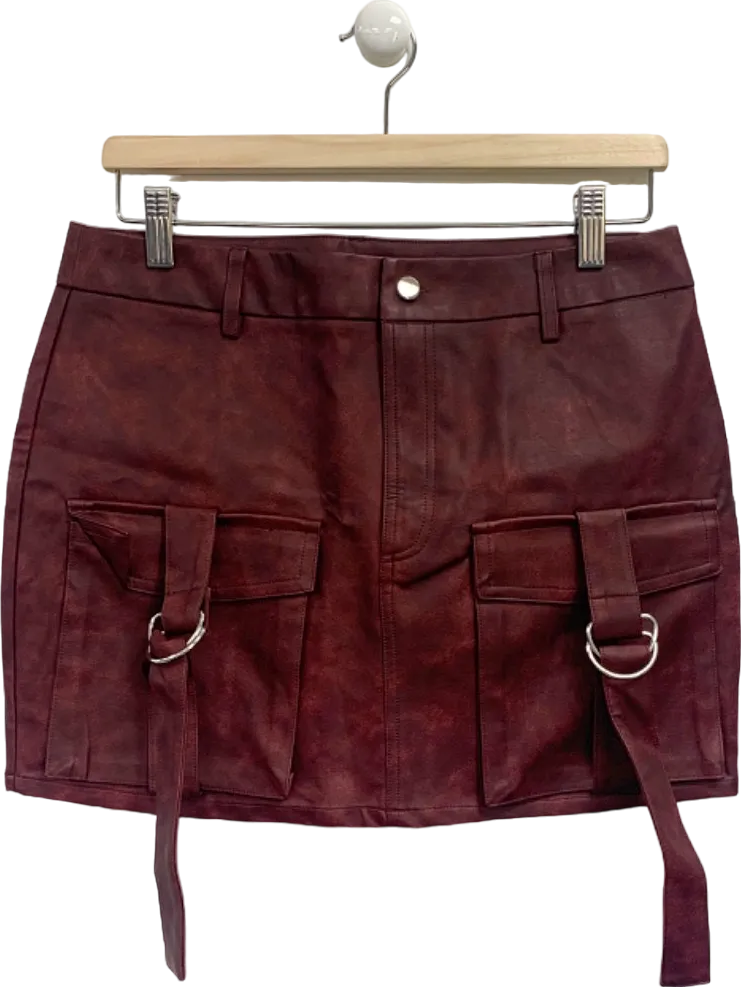 Pretty Little Thing Oxblood Washed Faux Leather Pocket Cargo Mini Skirt UK 10