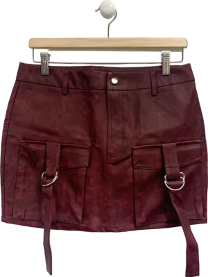 Pretty Little Thing Oxblood Washed Faux Leather Pocket Cargo Mini Skirt UK 10