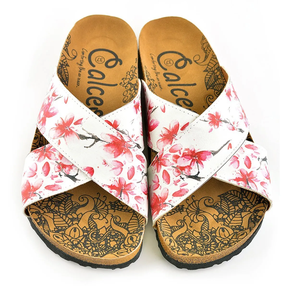 Red and White Flowers Watercolor Patterned, Brown Tree Branch Sandal - CAL1103