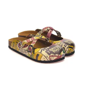 Red, Black, Yellow and Break Rules Written Patterned Clogs - CAL107