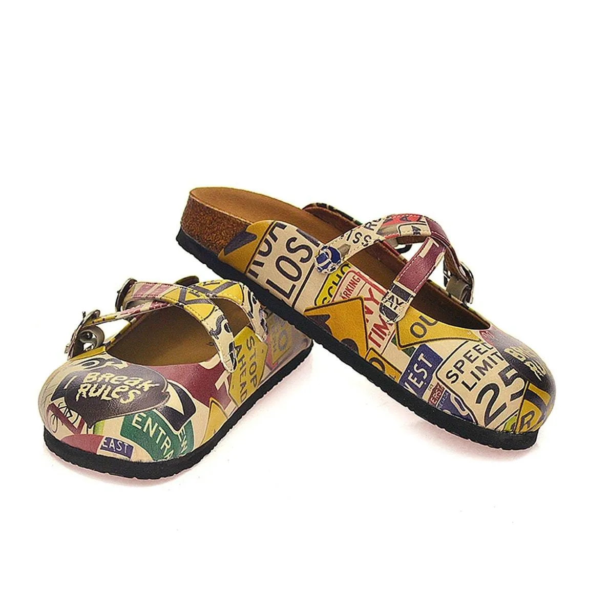 Red, Black, Yellow and Break Rules Written Patterned Clogs - CAL107