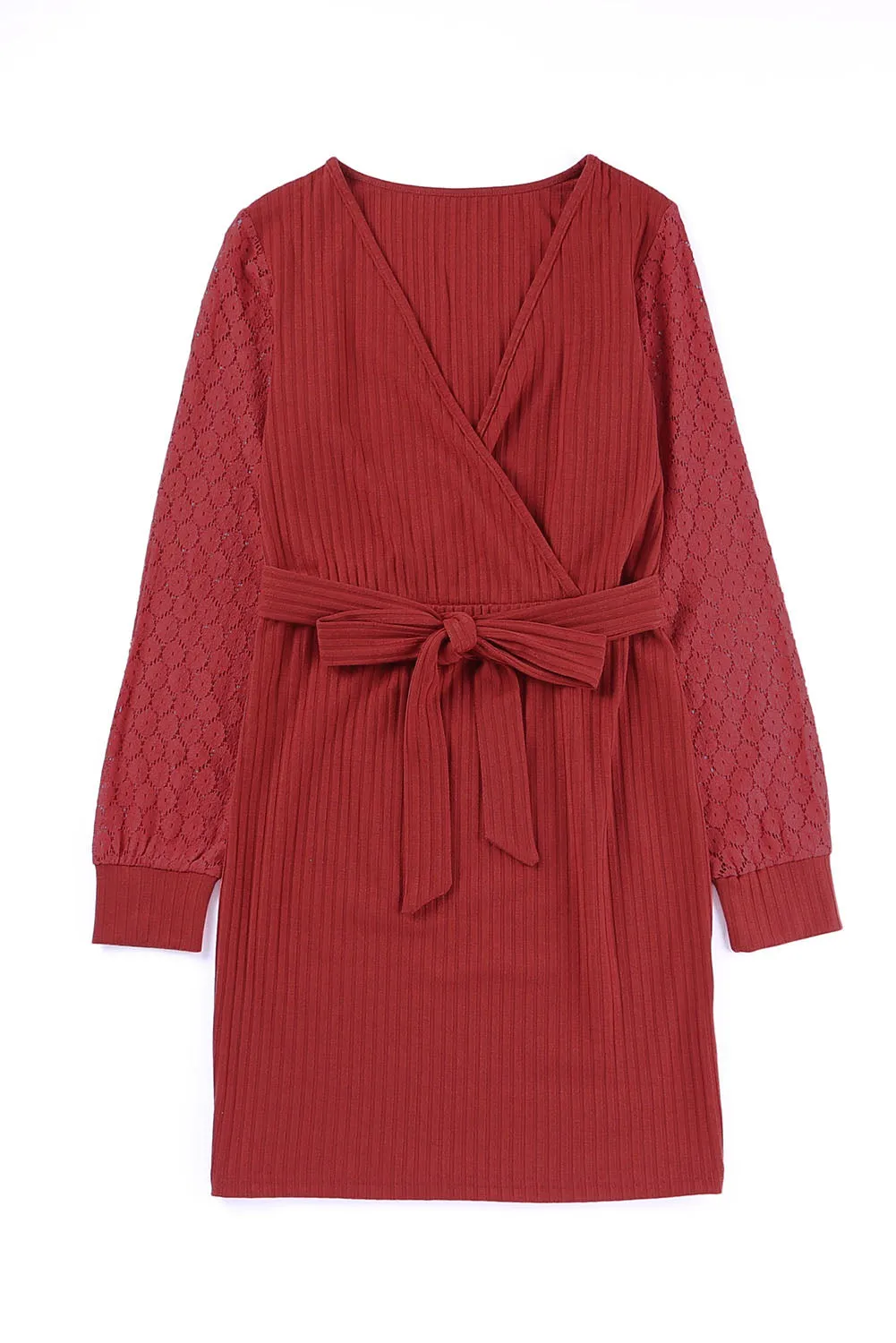 Red Lace Splicing Lace-up Wrap V Neck Mini Dress