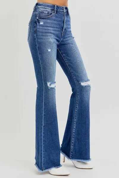 RISEN Full Size High Rise Distressed Raw Hem Flare Jeans ONLINE EXCLUSIVE