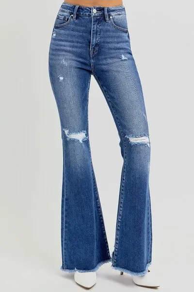 RISEN Full Size High Rise Distressed Raw Hem Flare Jeans ONLINE EXCLUSIVE