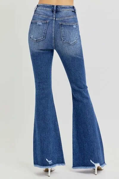 RISEN Full Size High Rise Distressed Raw Hem Flare Jeans ONLINE EXCLUSIVE