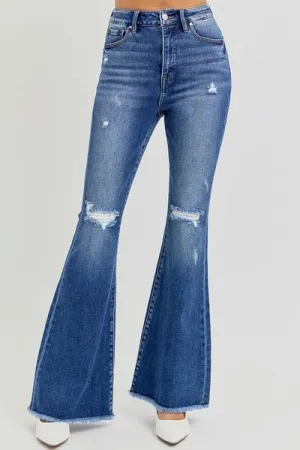 RISEN Full Size High Rise Distressed Raw Hem Flare Jeans ONLINE EXCLUSIVE