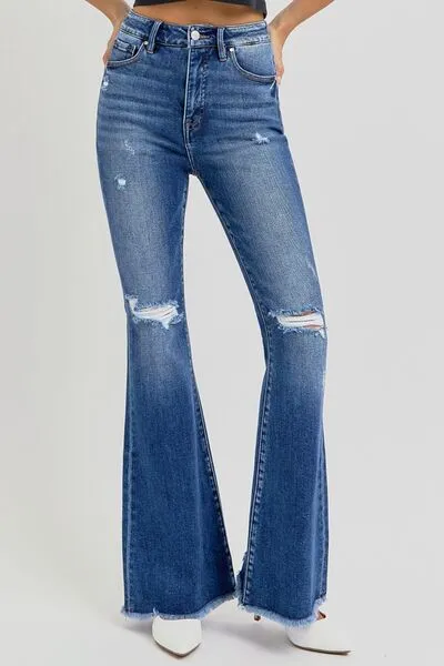 RISEN Full Size High Rise Distressed Raw Hem Flare Jeans ONLINE EXCLUSIVE