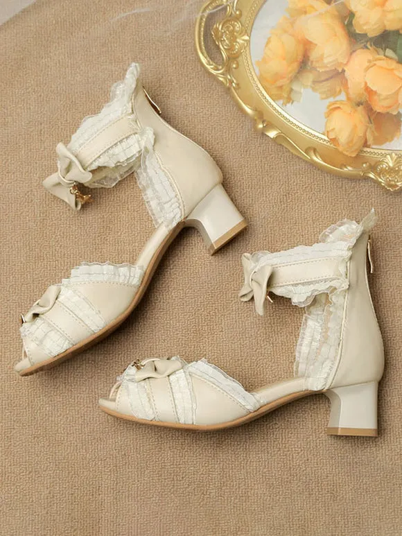 ROCOCO Style Lolita Sandals White Bows Lace Stars Print PU Leather Peep Toe Lolita Summer Shoes