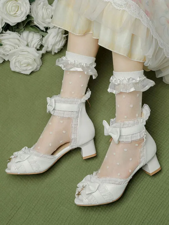 ROCOCO Style Lolita Sandals White Bows Lace Stars Print PU Leather Peep Toe Lolita Summer Shoes