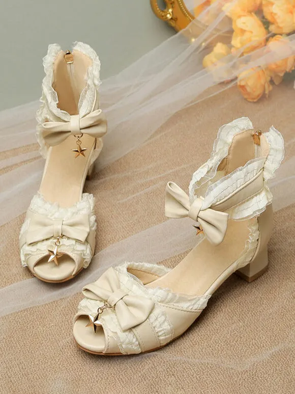 ROCOCO Style Lolita Sandals White Bows Lace Stars Print PU Leather Peep Toe Lolita Summer Shoes