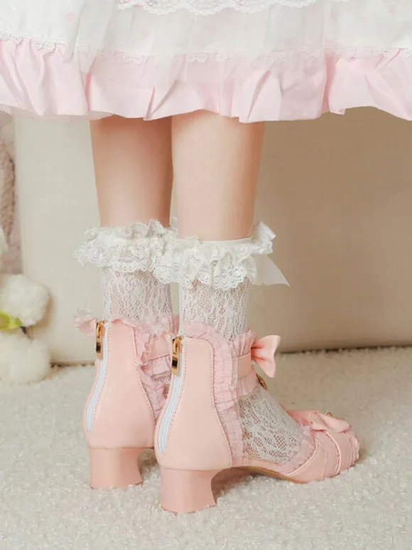 ROCOCO Style Lolita Sandals White Bows Lace Stars Print PU Leather Peep Toe Lolita Summer Shoes