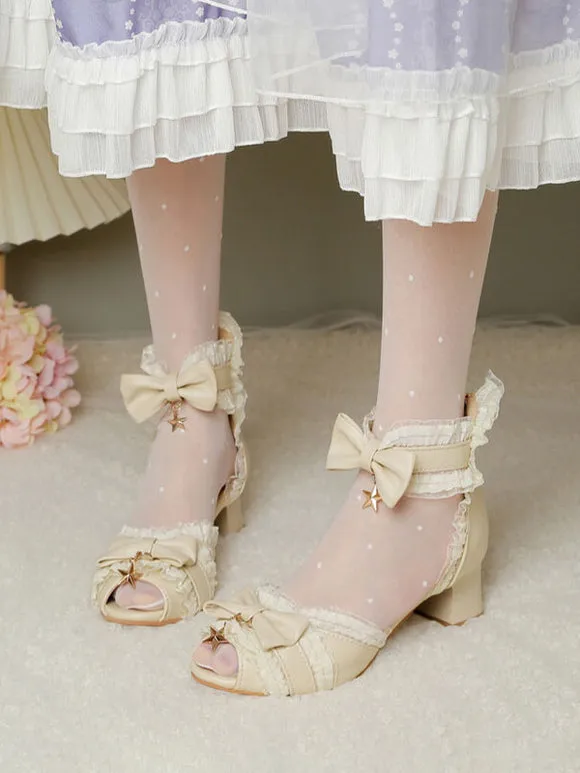 ROCOCO Style Lolita Sandals White Bows Lace Stars Print PU Leather Peep Toe Lolita Summer Shoes