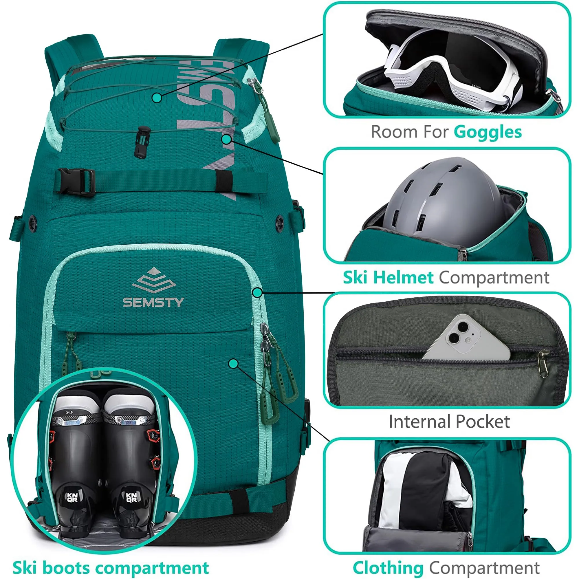 SEMSTY 55L Waterproof Ski Boot Travel Backpack for Ski Boots, Ski Helmet & Accessories