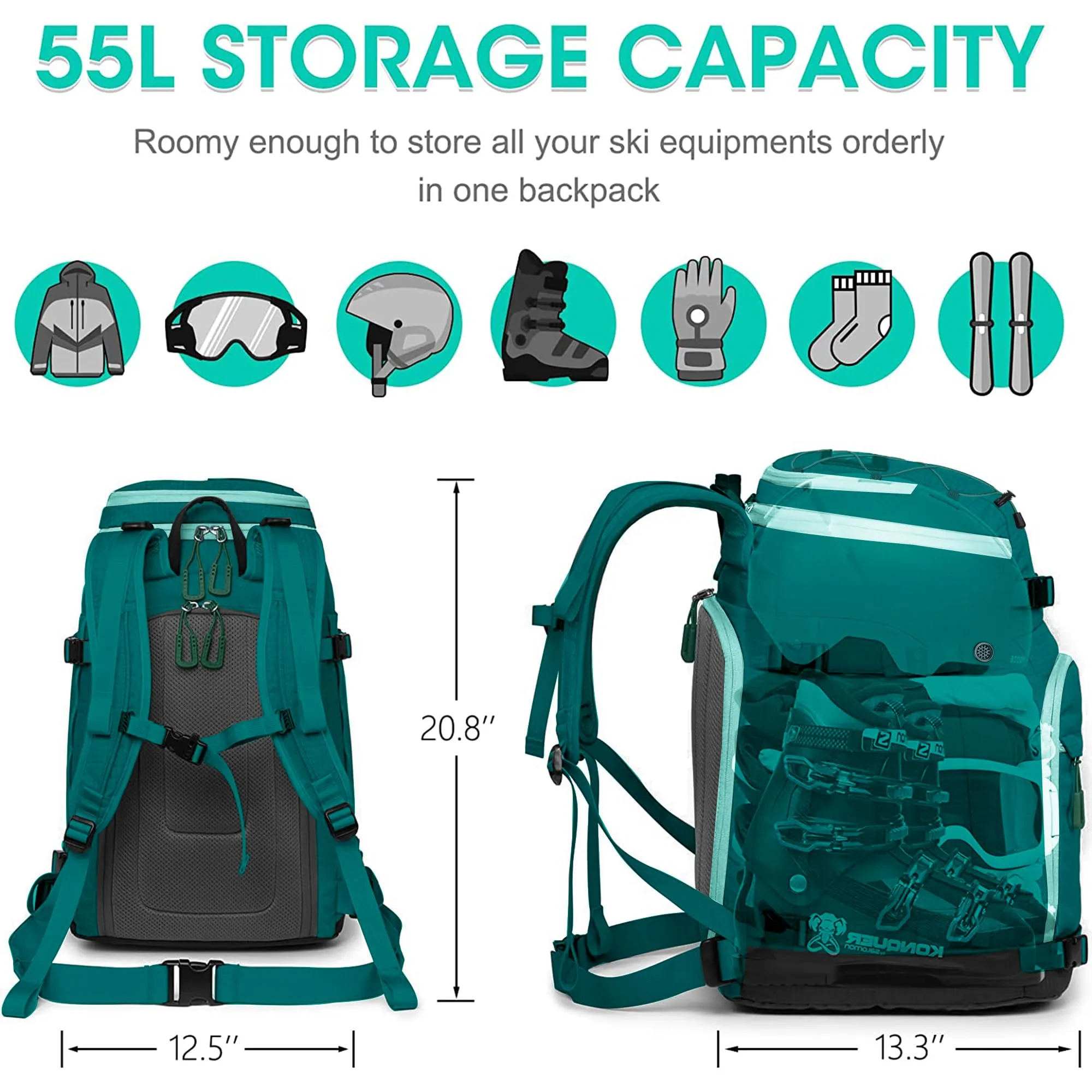 SEMSTY 55L Waterproof Ski Boot Travel Backpack for Ski Boots, Ski Helmet & Accessories