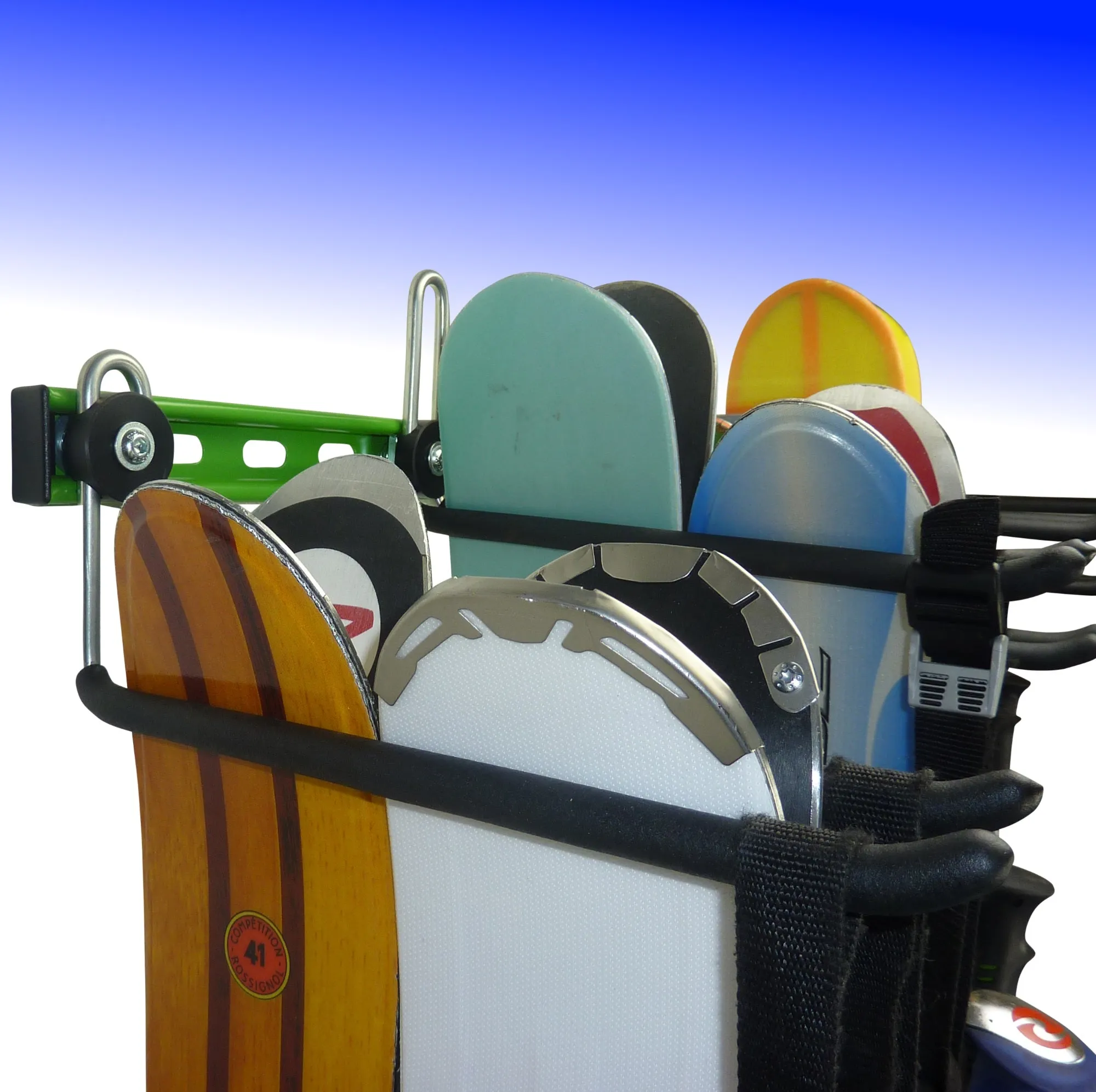 Ski wall rack and snowboard wall storage for up to 12 pairs of skis or 6 snowboards