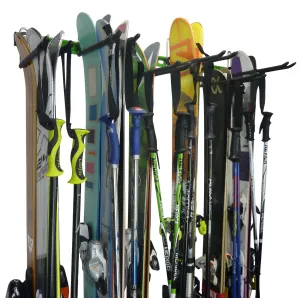 Ski wall rack and snowboard wall storage for up to 12 pairs of skis or 6 snowboards