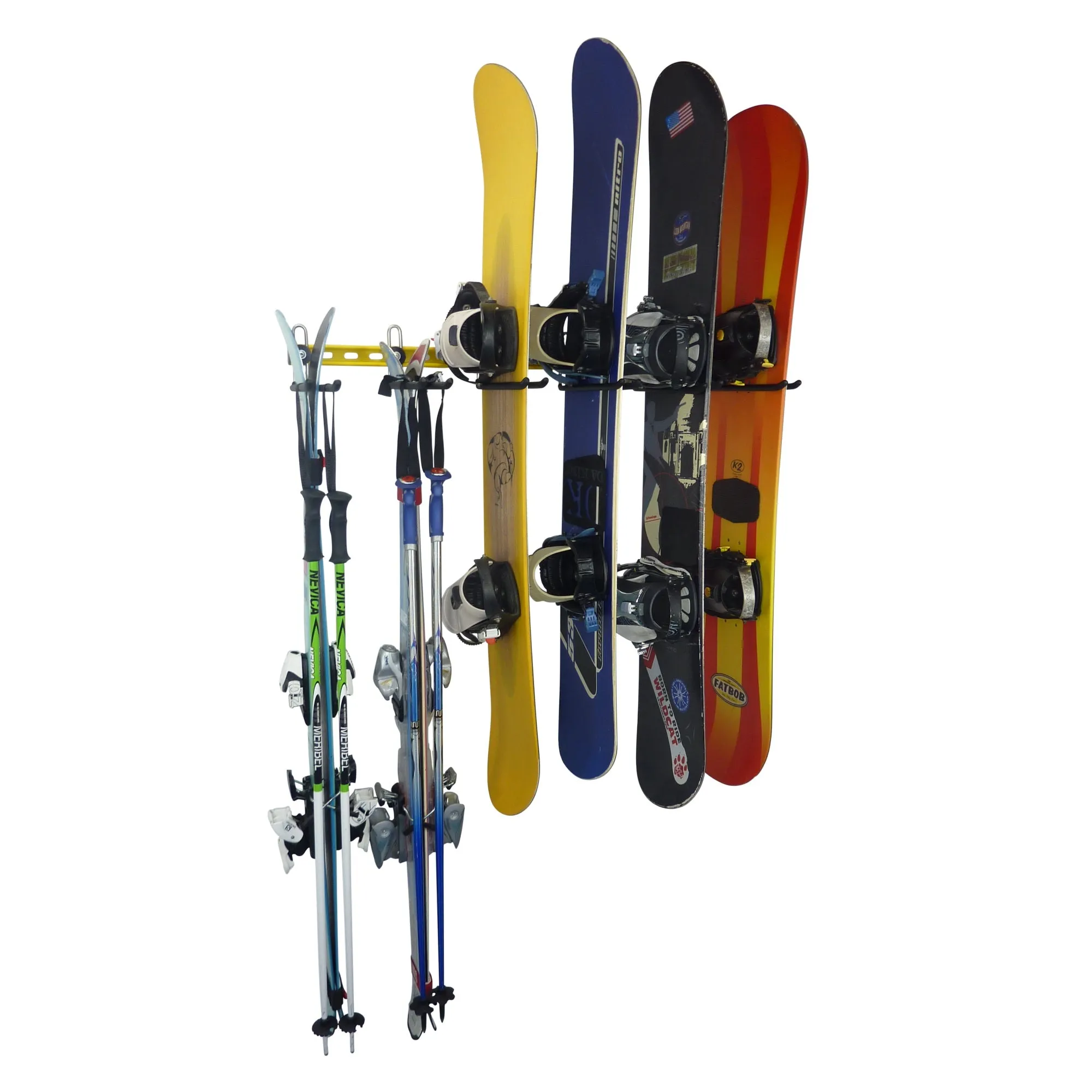 Ski wall rack and snowboard wall storage for up to 12 pairs of skis or 6 snowboards