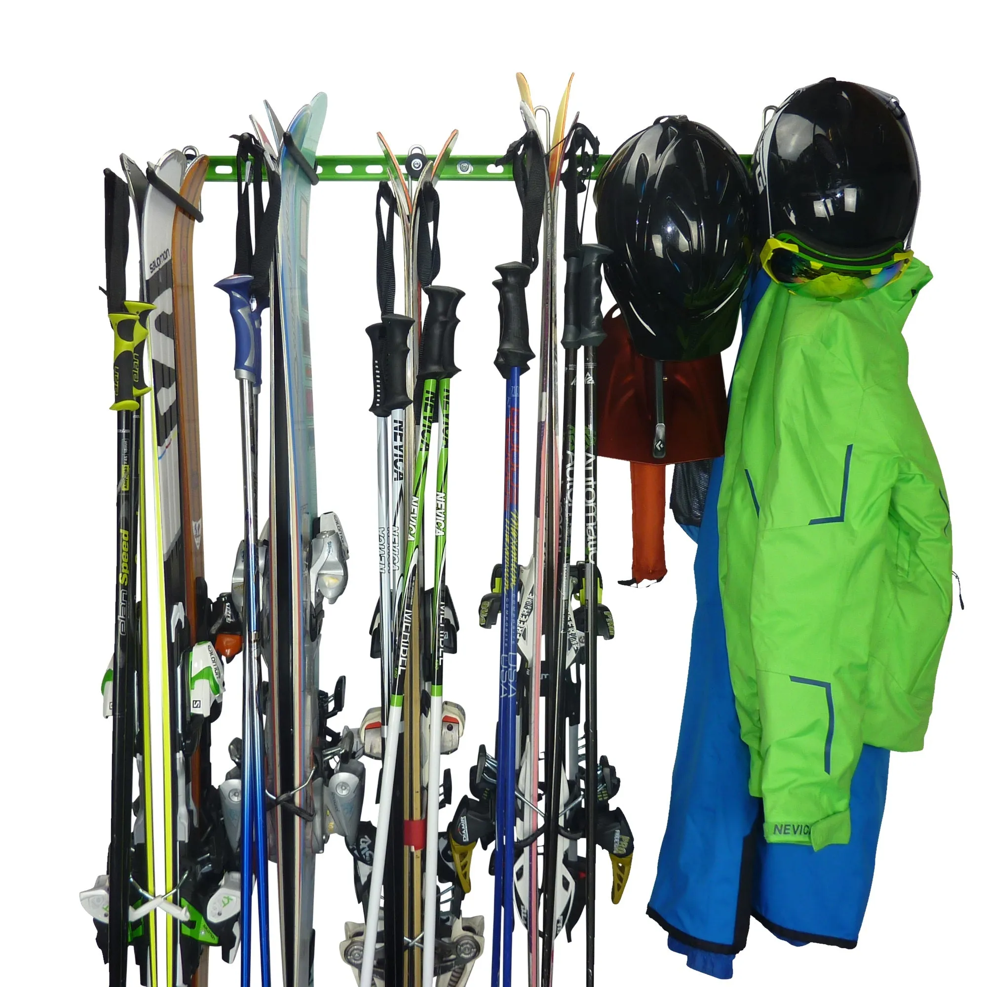Ski wall rack and snowboard wall storage for up to 12 pairs of skis or 6 snowboards