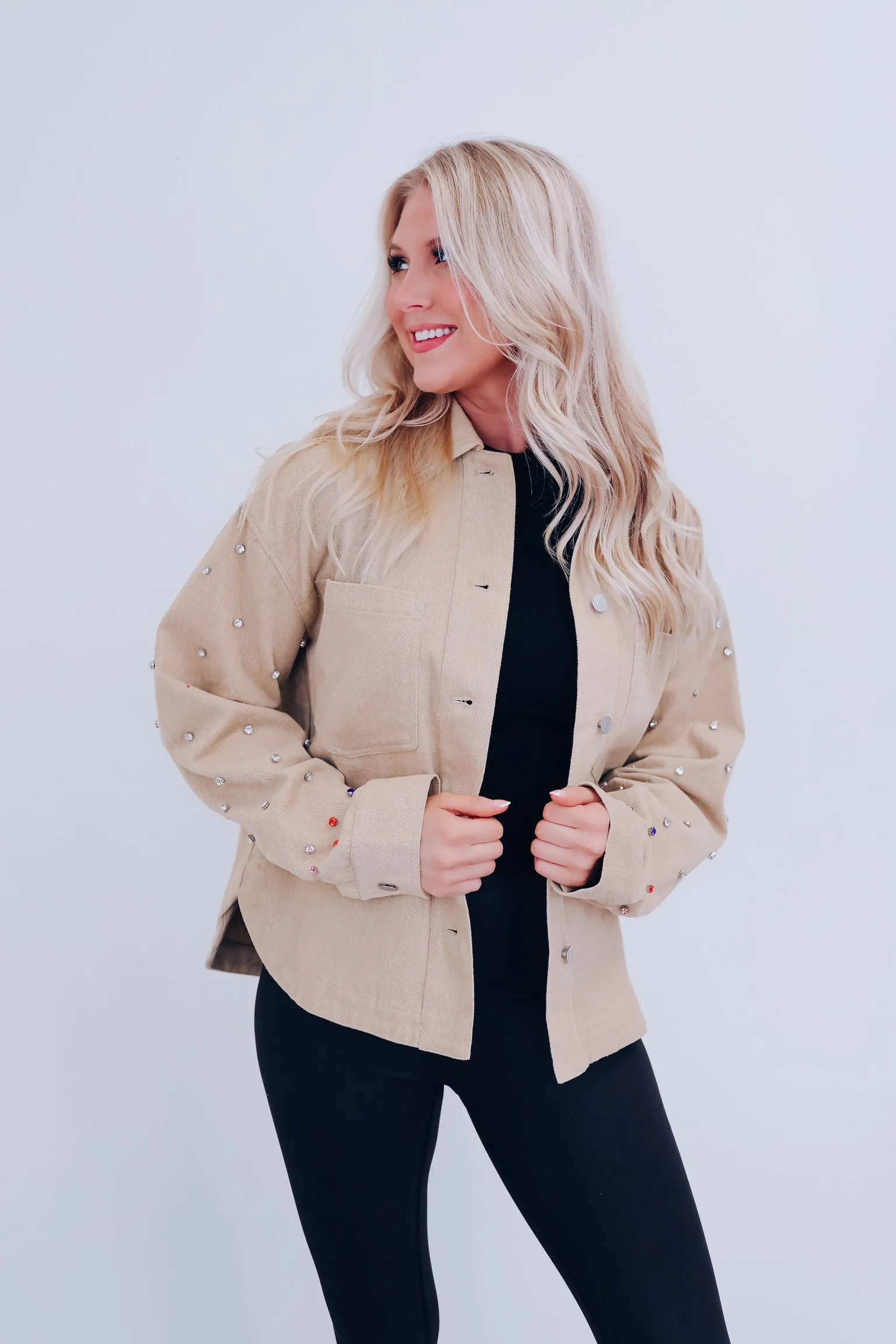 Stockton Bling Sleeve Denim Jacket - Taupe