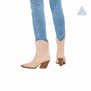 Suede Cowboy Block Heel Boots (Beige)