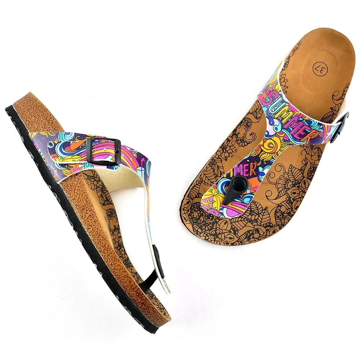 Summer Written, Purple, Colored Mixed Pattern and Yellow Sun Patterned Sandal - CAL507