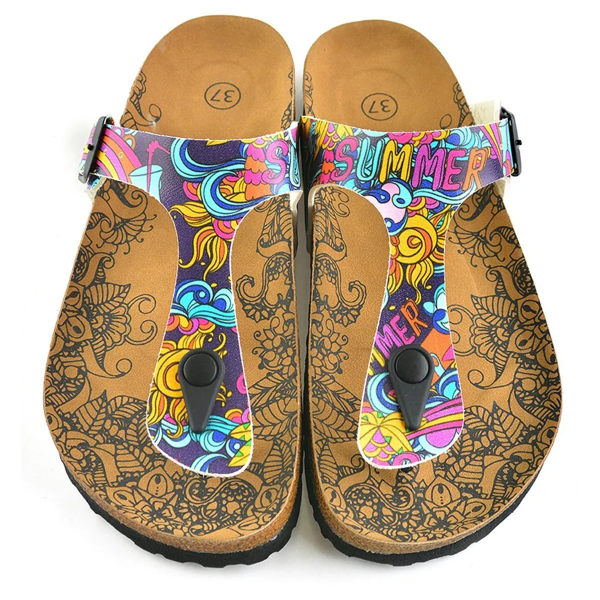 Summer Written, Purple, Colored Mixed Pattern and Yellow Sun Patterned Sandal - CAL507