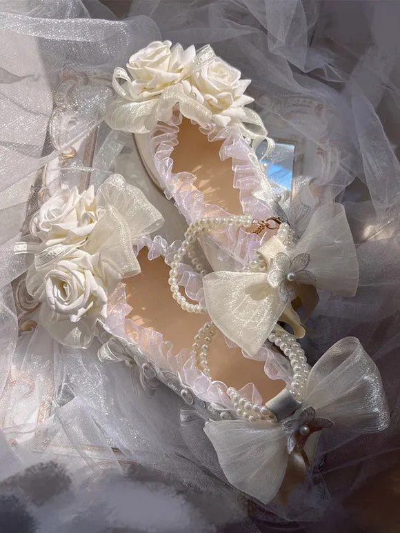 Sweet Lolita Sandals Ruffles Pearls Flowers Square Toe Elastic Fabric Ecru White Lolita Summer Shoes