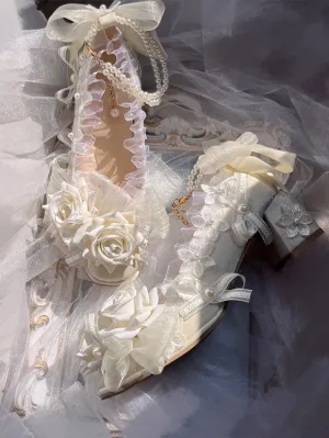 Sweet Lolita Sandals Ruffles Pearls Flowers Square Toe Elastic Fabric Ecru White Lolita Summer Shoes
