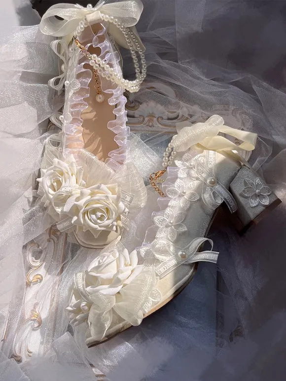 Sweet Lolita Sandals Ruffles Pearls Flowers Square Toe Elastic Fabric Ecru White Lolita Summer Shoes
