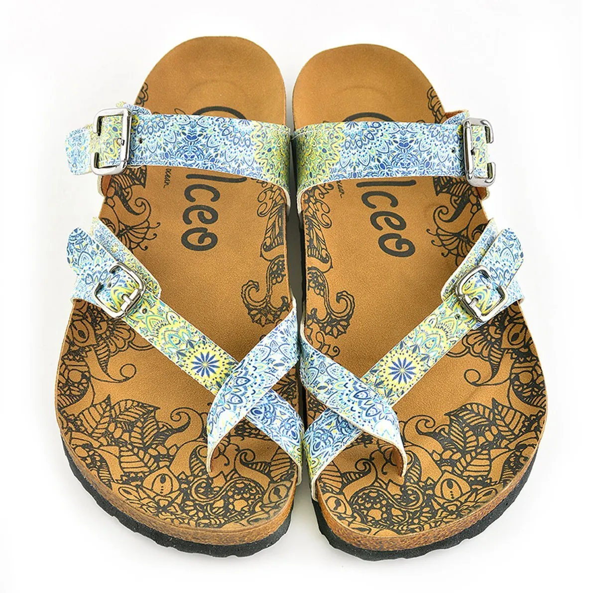 White-Blue and Yellow Flowers, Mixed-Flowered Silver Arched Sandal - CAL1005