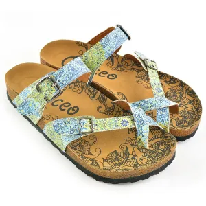 White-Blue and Yellow Flowers, Mixed-Flowered Silver Arched Sandal - CAL1005