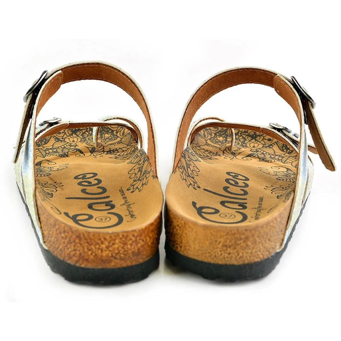 White-Blue and Yellow Flowers, Mixed-Flowered Silver Arched Sandal - CAL1005