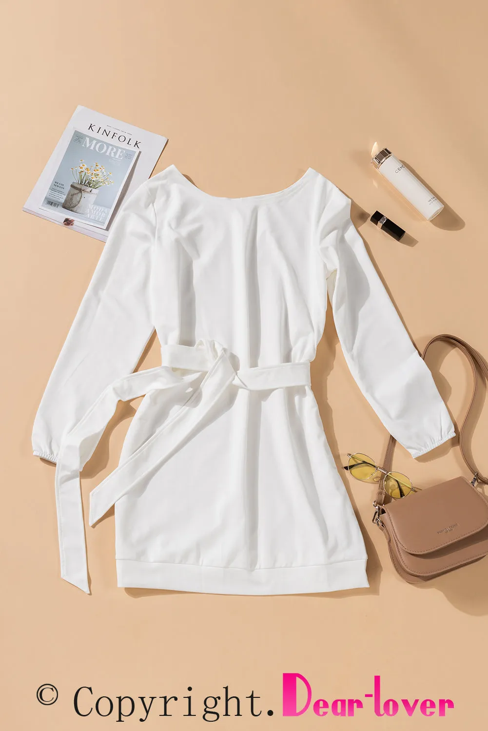 White Crewneck Long Sleeve Belted Casual Mini Dress