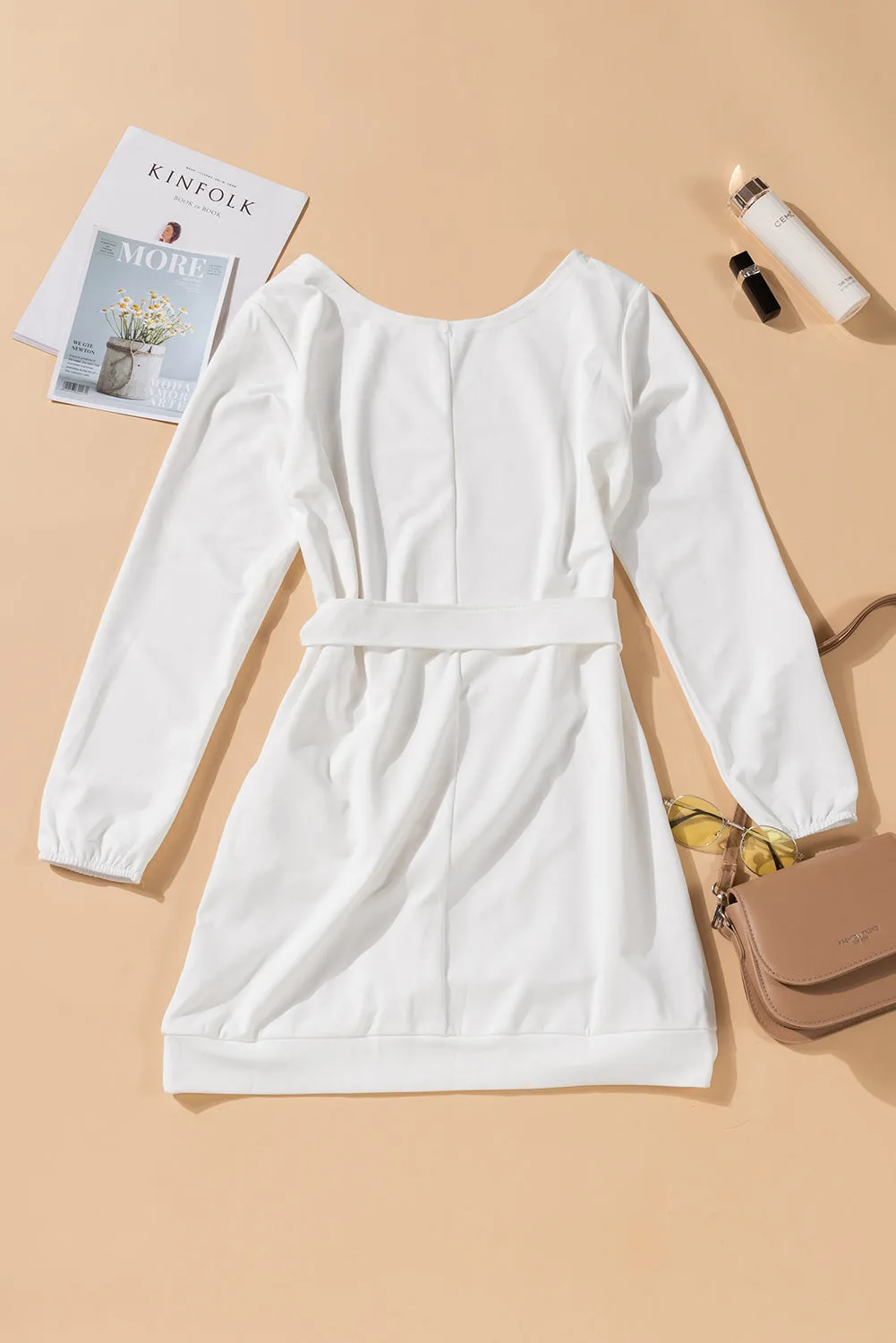 White Crewneck Long Sleeve Belted Casual Mini Dress