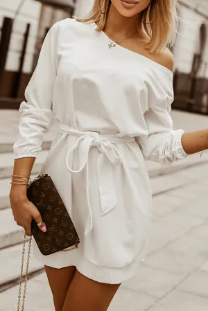 White Crewneck Long Sleeve Belted Casual Mini Dress