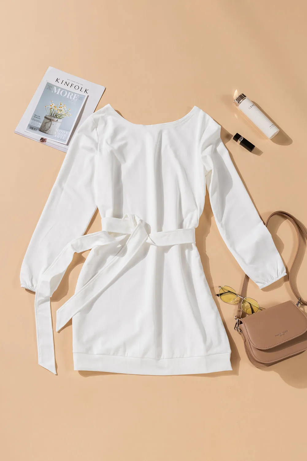White Crewneck Long Sleeve Belted Casual Mini Dress