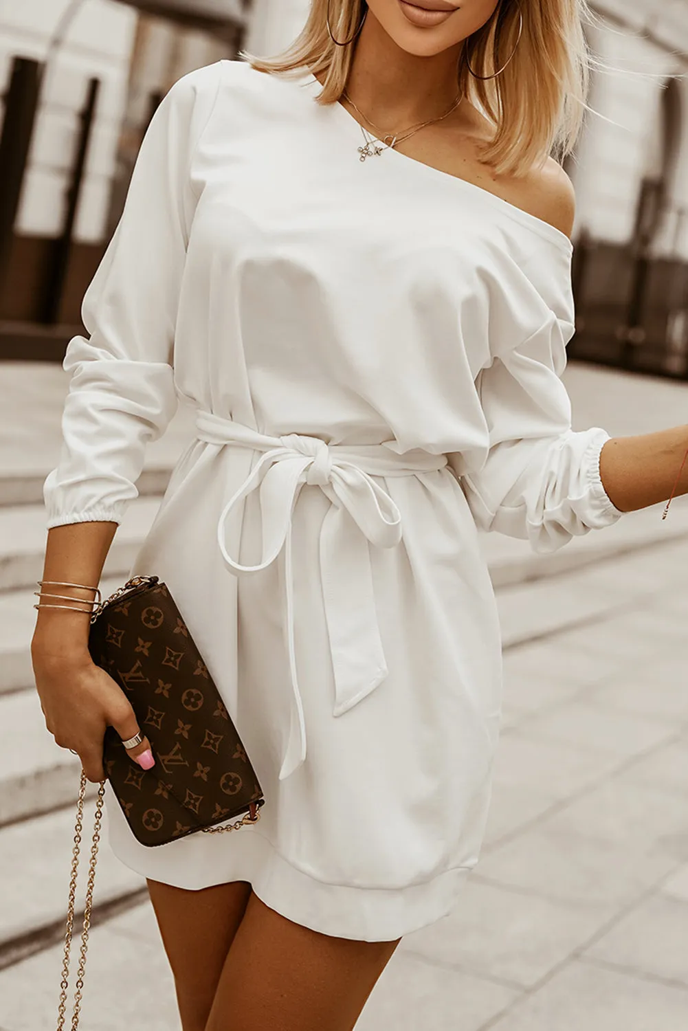 White Crewneck Long Sleeve Belted Casual Mini Dress