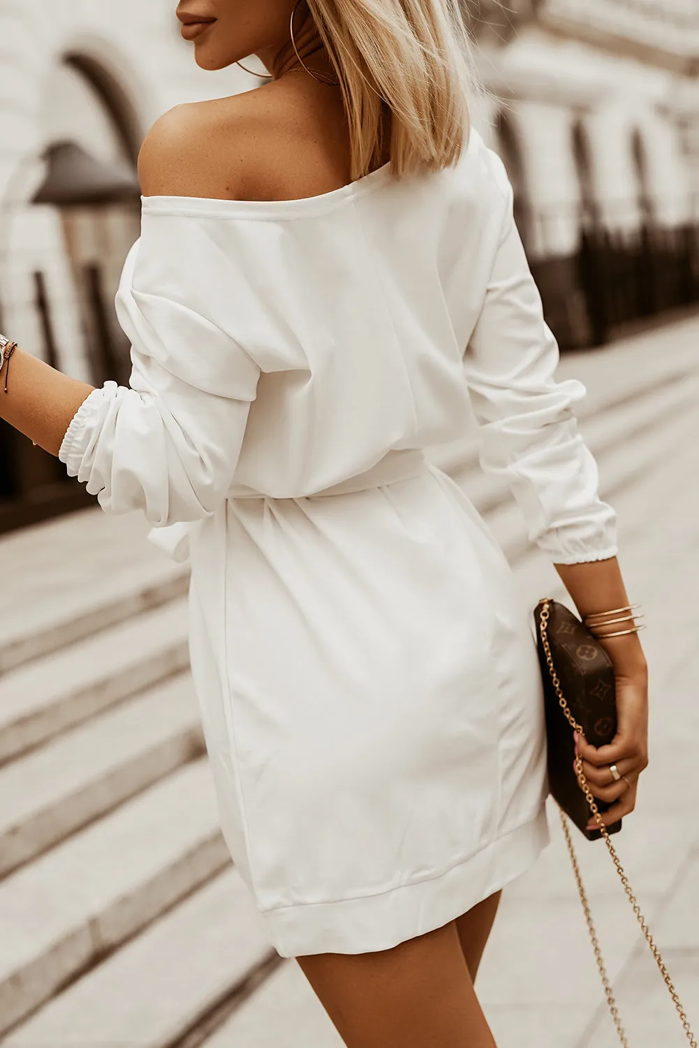 White Crewneck Long Sleeve Belted Casual Mini Dress