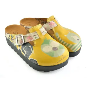 Yellow Colored, Green Owl and Crazy Bear and Colored Flowers Patterned Clogs - CAL705