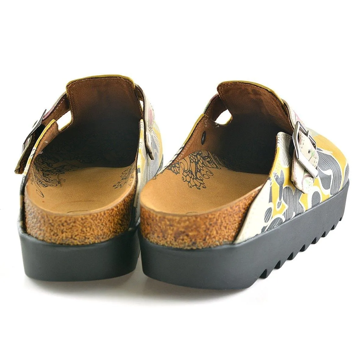 Yellow Colored, Green Owl and Crazy Bear and Colored Flowers Patterned Clogs - CAL705