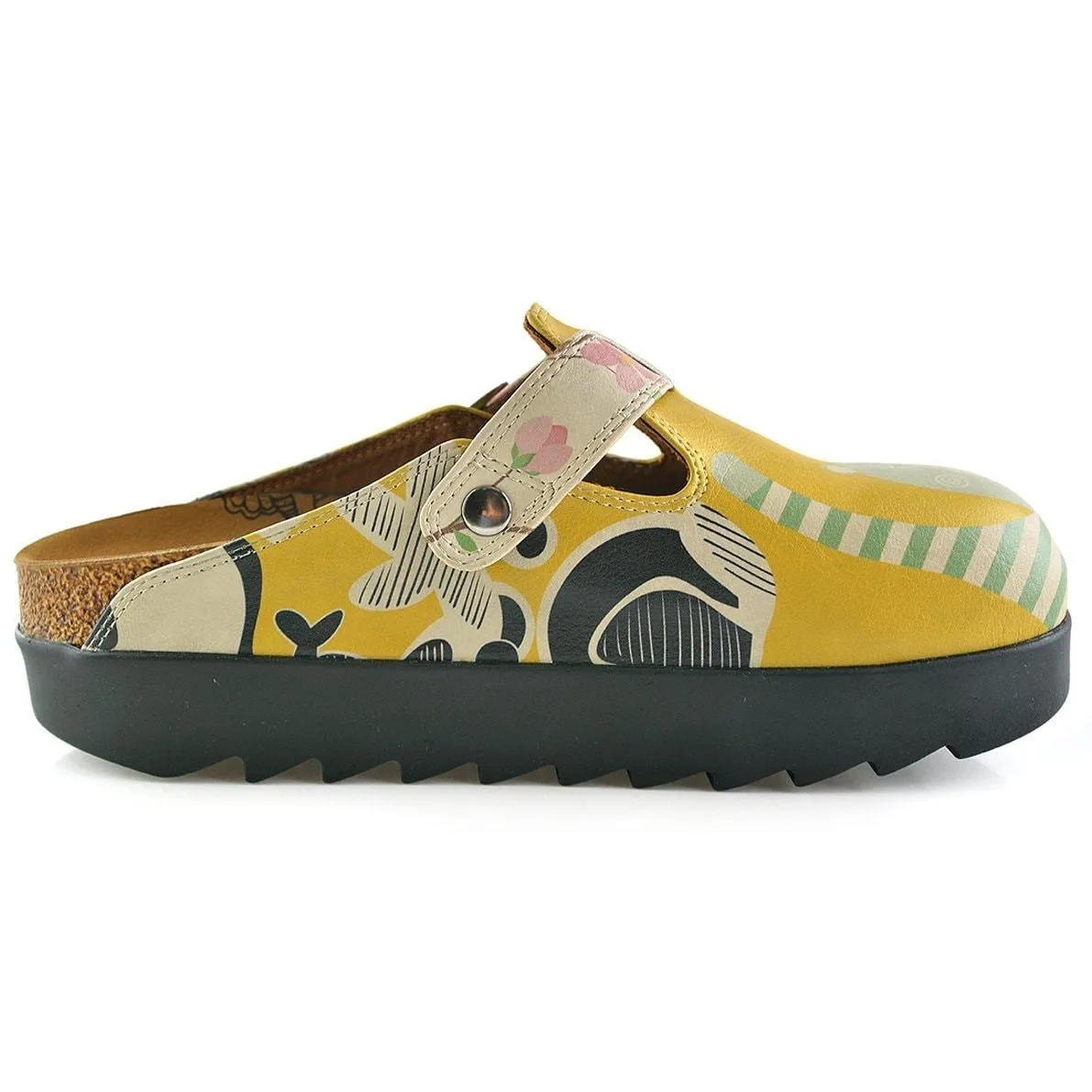 Yellow Colored, Green Owl and Crazy Bear and Colored Flowers Patterned Clogs - CAL705